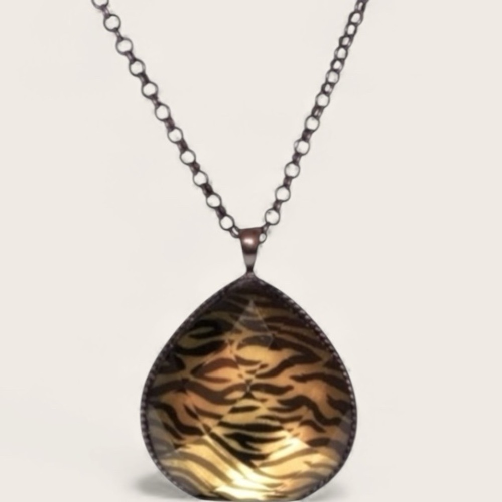 NECKLACE Lg Zebra Striped Teardrop Rhinestone 30” Bronze Chain